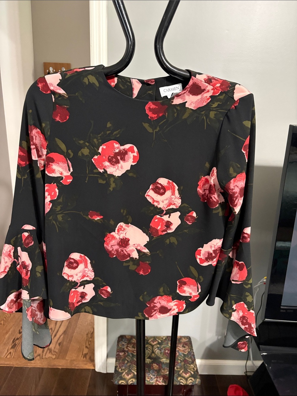 Carmen Marc Valvo Black Blouse with Red and Pink Floral